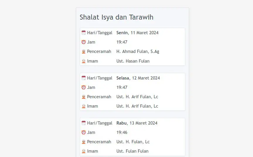 Jadwal Shalat Isya dan Tarawih pada Jadwal Publik