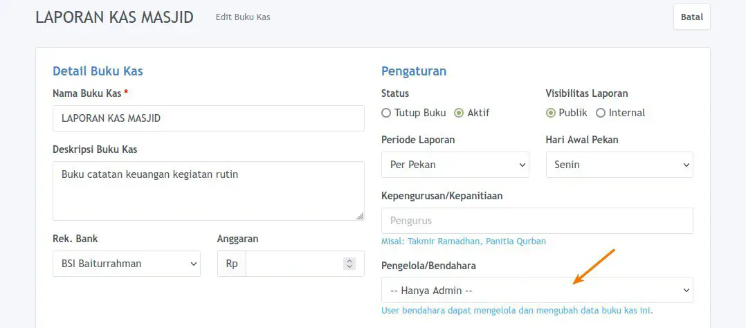 Pilih Pengelola/Bendahara Buku Kas (oleh Admin)